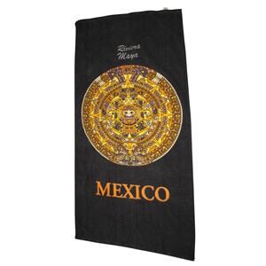 Vintage Riviera Maya Mexico Aztec Sun Stone Calendar Souvenir Towel Black